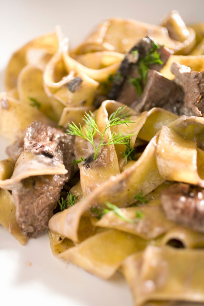 Giada De Laurentiis beef stroganoff with wide egg noodles and dill.