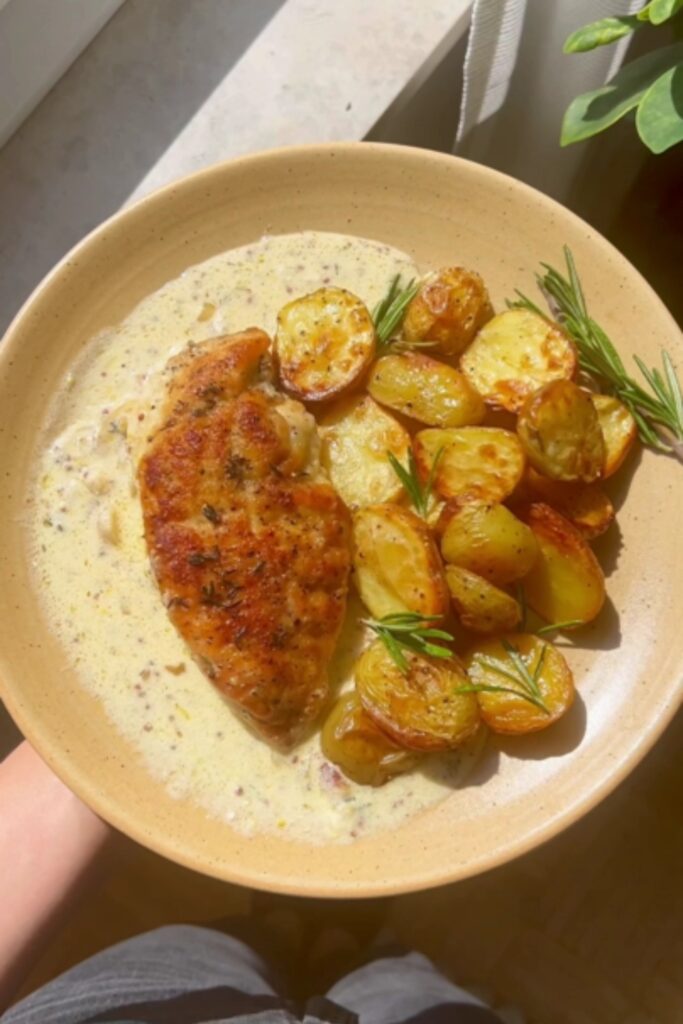 late of Chicken Francese with roasted potatoes and rosemary.