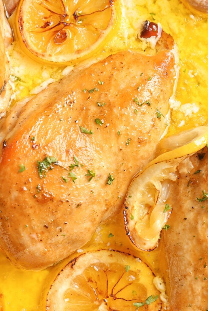 Giada De Laurentiis’ Amalfi Lemon Chicken with lemon slices in a buttery sauce.