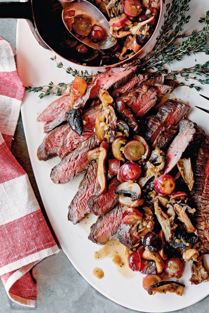 Giada Flank Steak With Roasted Grapes and Mushrooms