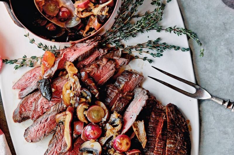 Giada Flank Steak With Roasted Grapes and Mushrooms