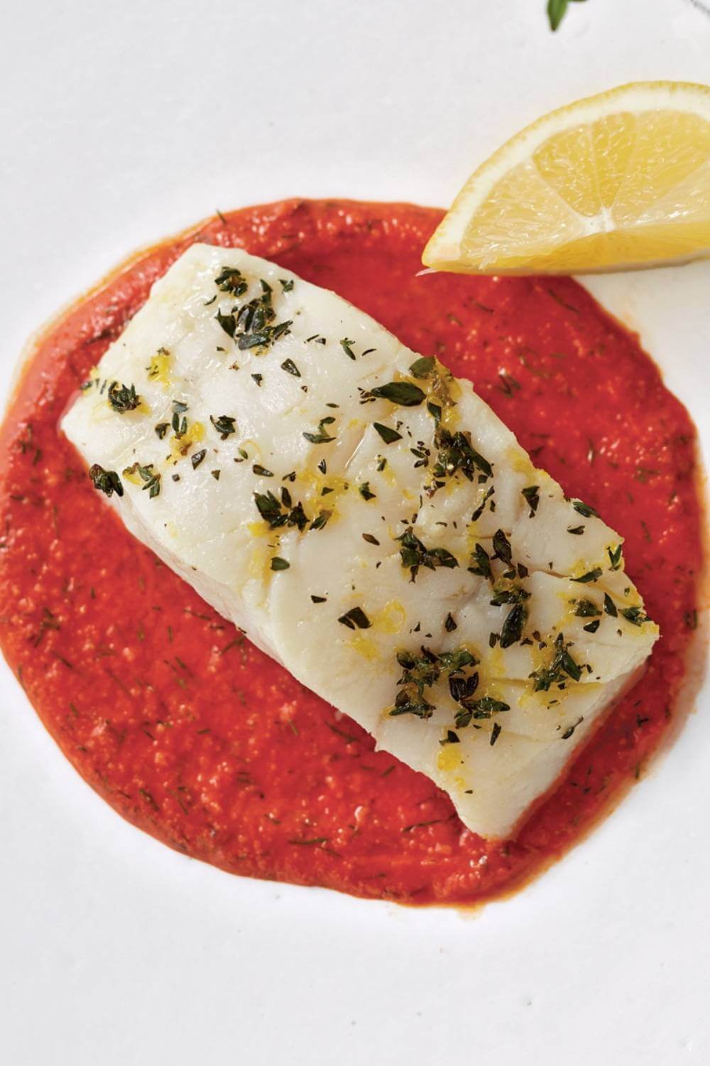 Giada Piquillo Pepper and Macadamia Pesto with Broiled Cod