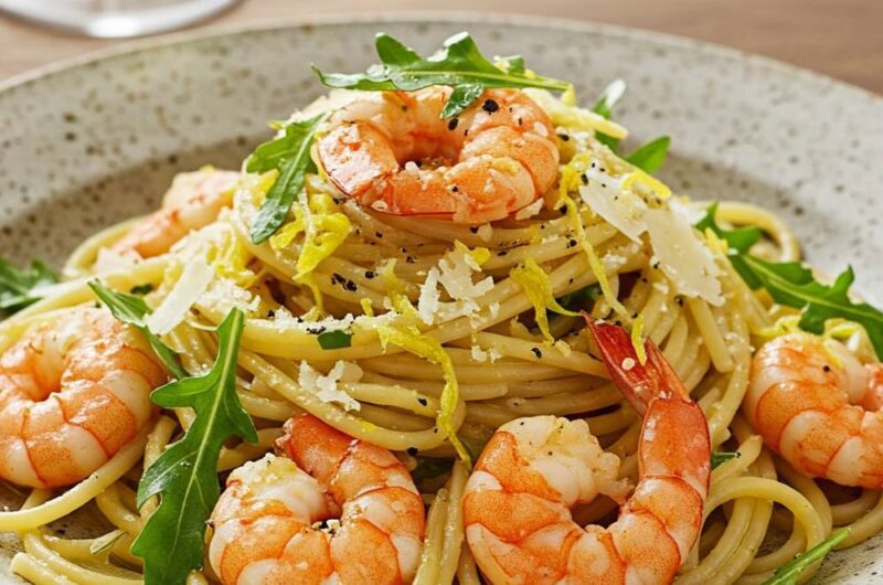 Giada spaghetti with shrimp and arugula